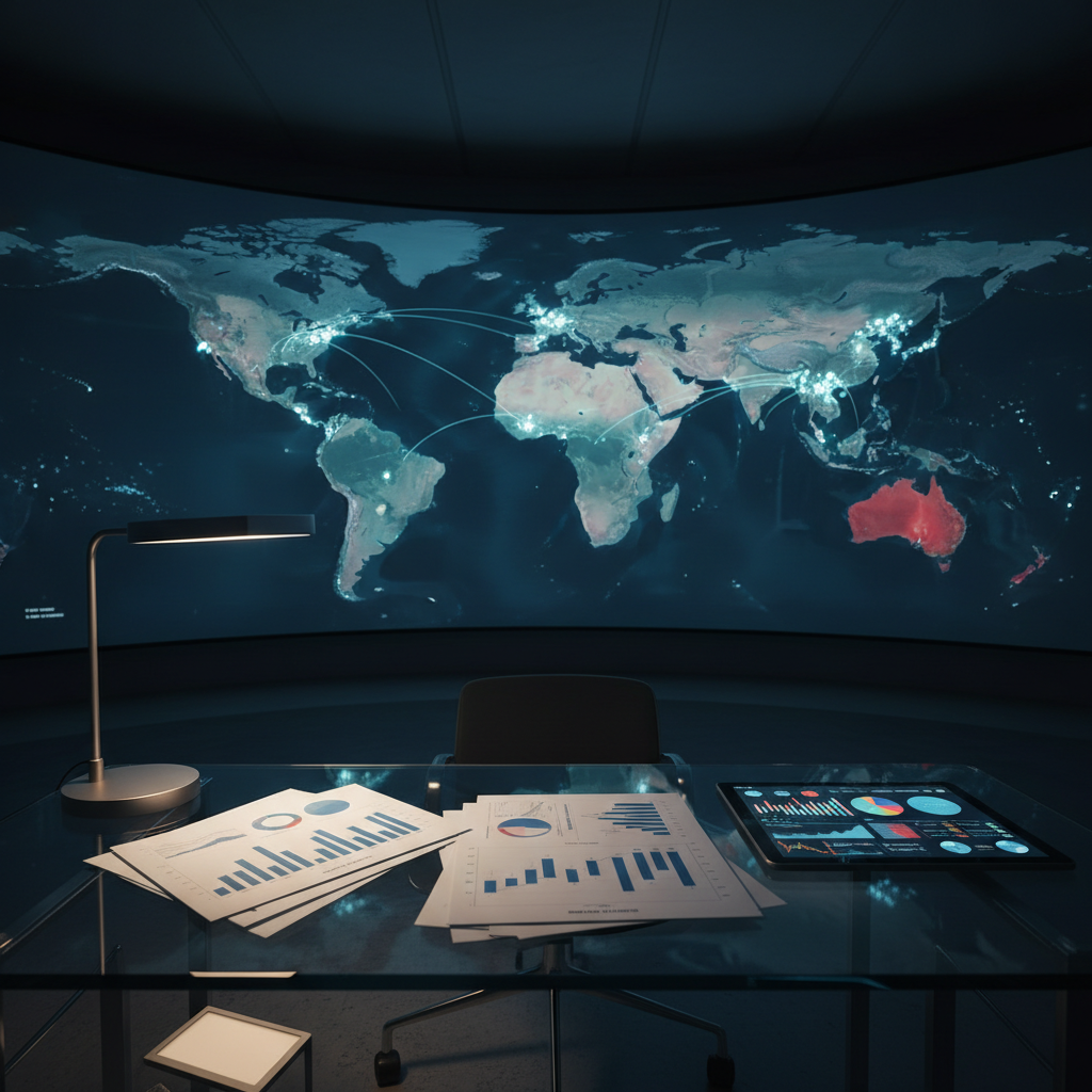 An expansive digital world map displayed across a high-resolution, wall-mounted screen, each region shaded in cool blues and muted reds, with glowing nodes connected by fine, luminous lines suggesting political and economic networks. In front of the screen, a sleek glass desk holds neatly arranged printed graphs, an open tablet showing detailed data visualizations, and a single metal desk lamp with a soft white glow. The room is dim, illuminated mainly by the screen’s cool light and the warm accent lamp, creating a balanced, contemplative atmosphere. Shot from a slightly elevated angle in photographic realism, the composition emphasizes clarity, order, and strategic analysis, with sharp focus on the desk items and a gentle bokeh on the map’s distant edges.