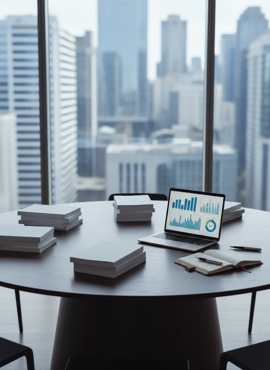 A large, minimalist round table made of dark, matte-finished wood, its surface meticulously arranged with neatly stacked policy reports, a slim silver laptop displaying analytic charts, and a single fountain pen resting beside a leather-bound notebook. The table stands in a bright, contemporary office overlooking a blurred cityscape of government buildings and financial towers, all out of focus through floor-to-ceiling glass. Soft, diffused daylight enters from the left, creating gentle reflections on the laptop and subtle shadows from the documents. Photographic realism with a professional, analytical mood, captured at eye level with a shallow depth of field, keeping the objects in crisp focus while the city and interior recede into a calm, neutral-toned background.